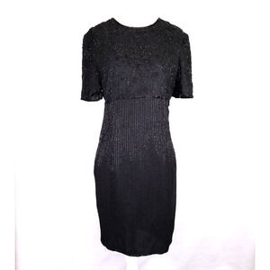Parisian Room Dress Womens 12 Silk Black Beaded Lined Shoulder Pads LBD Vintage